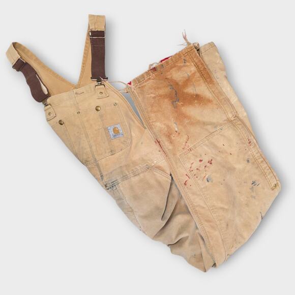 Vintage Carhartt Overalls Mens Sz 36 X 32 Tan Duck Bib Thrashed Grunge Union USA - Picture 1 of 13